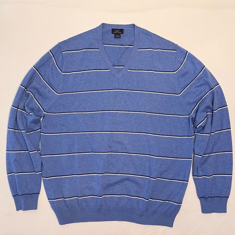 BROOKS BROTHERS Men 346 Blue Cotton Stripes V-neck Classic Sweater Pullover XXL